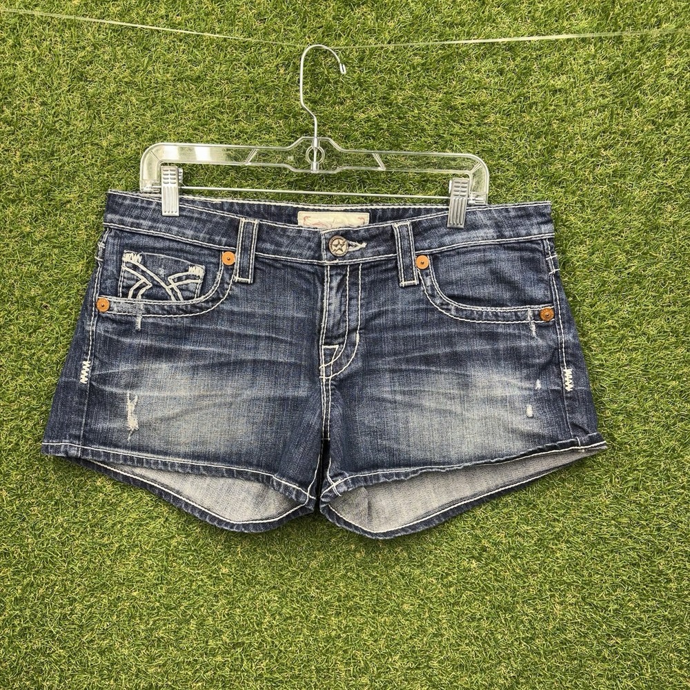 Big Star Liv Shorts Womens 31 Blue Low Rise Stretch Thick Stitch Distressed y2k